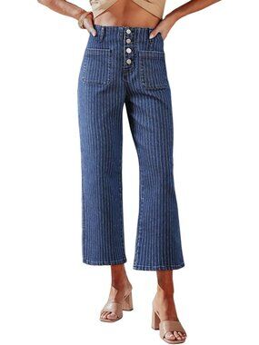 Women's Blue Stripe High Waisted Jeans Stretchy Denim Pant Casual Wide Leg Jeans